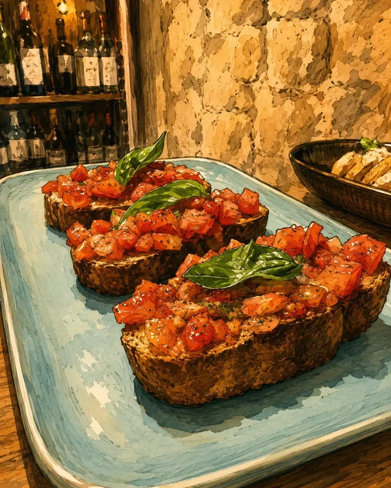 Illustration à l'aquarelle de pan con tomate, pain grillé aux tomates et basilic, devant un mur en pierre et des bouteilles